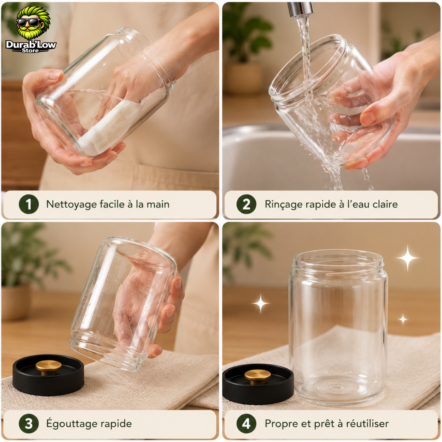 Un bocal en verre vide est nettoyé puis séché à la main.