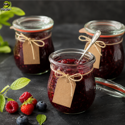 Bocaux Weck corolle 220ml en verre rempli de confiture avec une étiquette attachée par une ficelle.