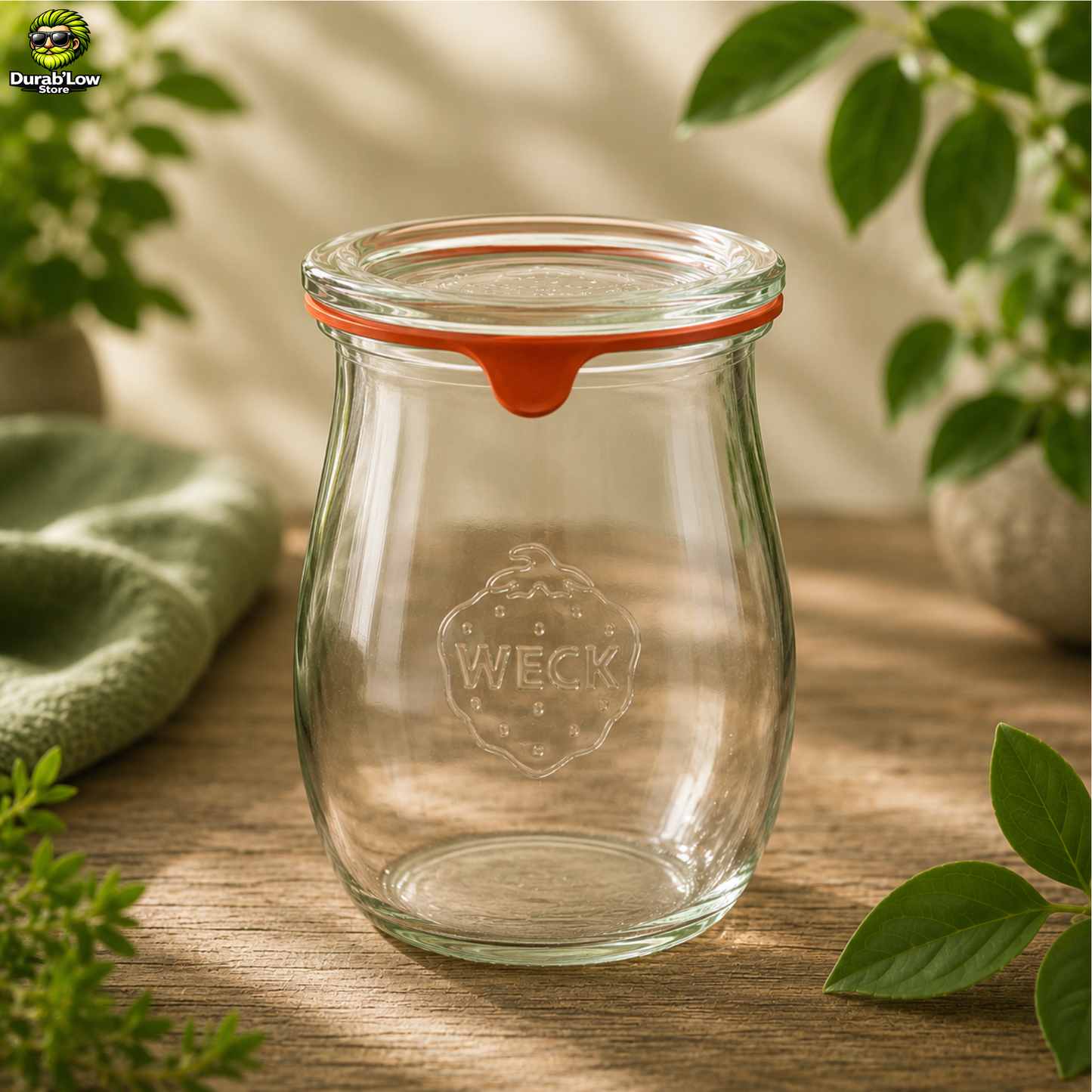 Un bocal en verre WECK,  gamme Corolle de 220ml dans une ambiance cuisine végétale. 