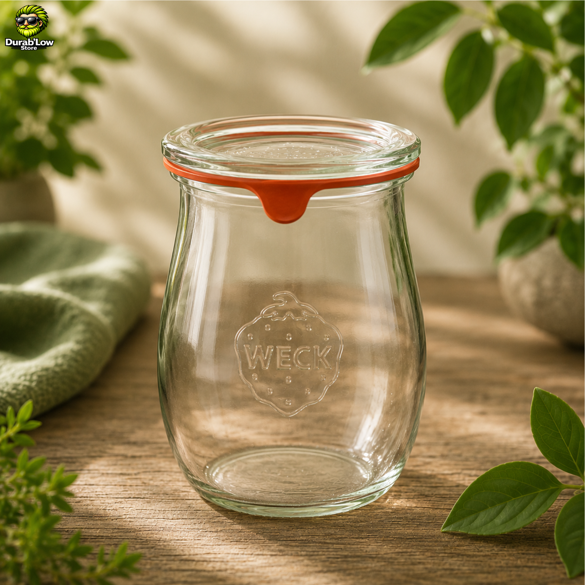 Un bocal en verre WECK,  gamme Corolle de 220ml dans une ambiance cuisine végétale. 