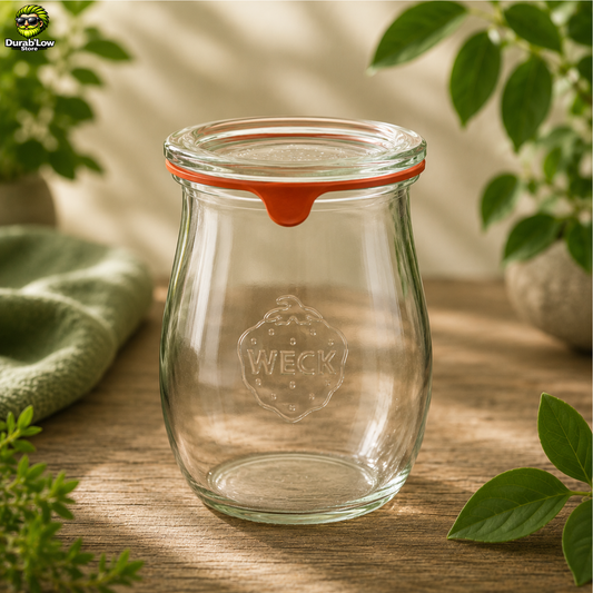 Un bocal en verre WECK,  gamme Corolle de 220ml dans une ambiance cuisine végétale. 