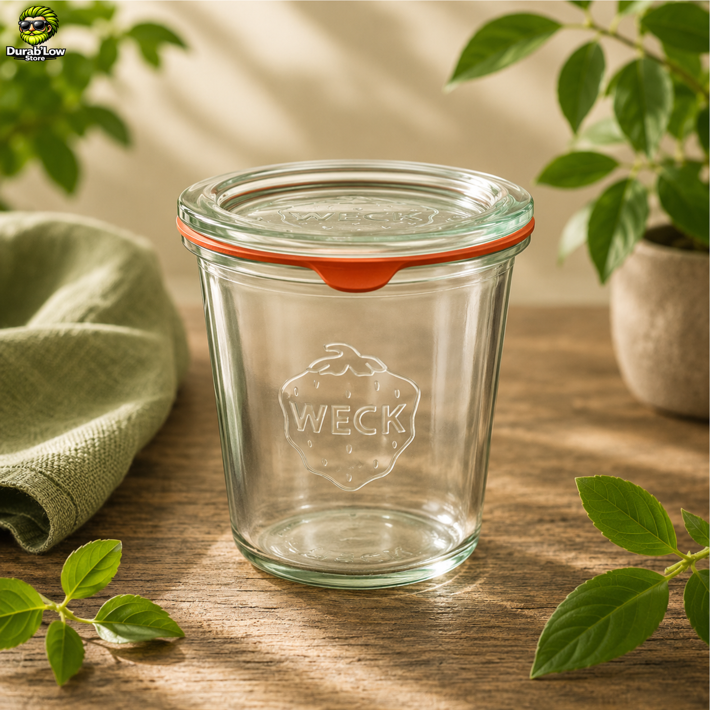 Bocal en verre Weck droit de 580ml avec couvercle et joint. Ambiance cuisine végétale.