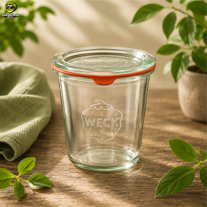 Bocal en verre Weck droit de 580ml avec couvercle et joint. Ambiance cuisine végétale.
