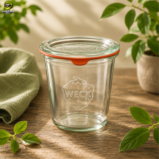 Bocal en verre Weck droit de 580ml avec couvercle et joint. Ambiance cuisine végétale.