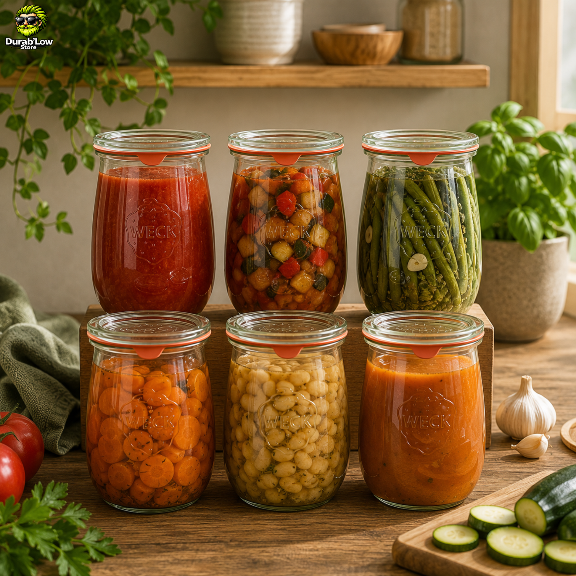 Lot de 6 bocaux Weck en verre de 1062ml rempli de conserves de légumes.