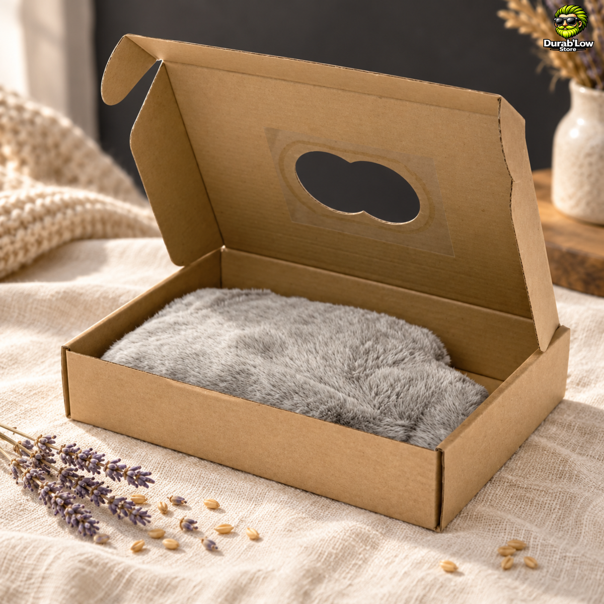 Bouillotte à base de lavande et grains de blé dans son coffret.