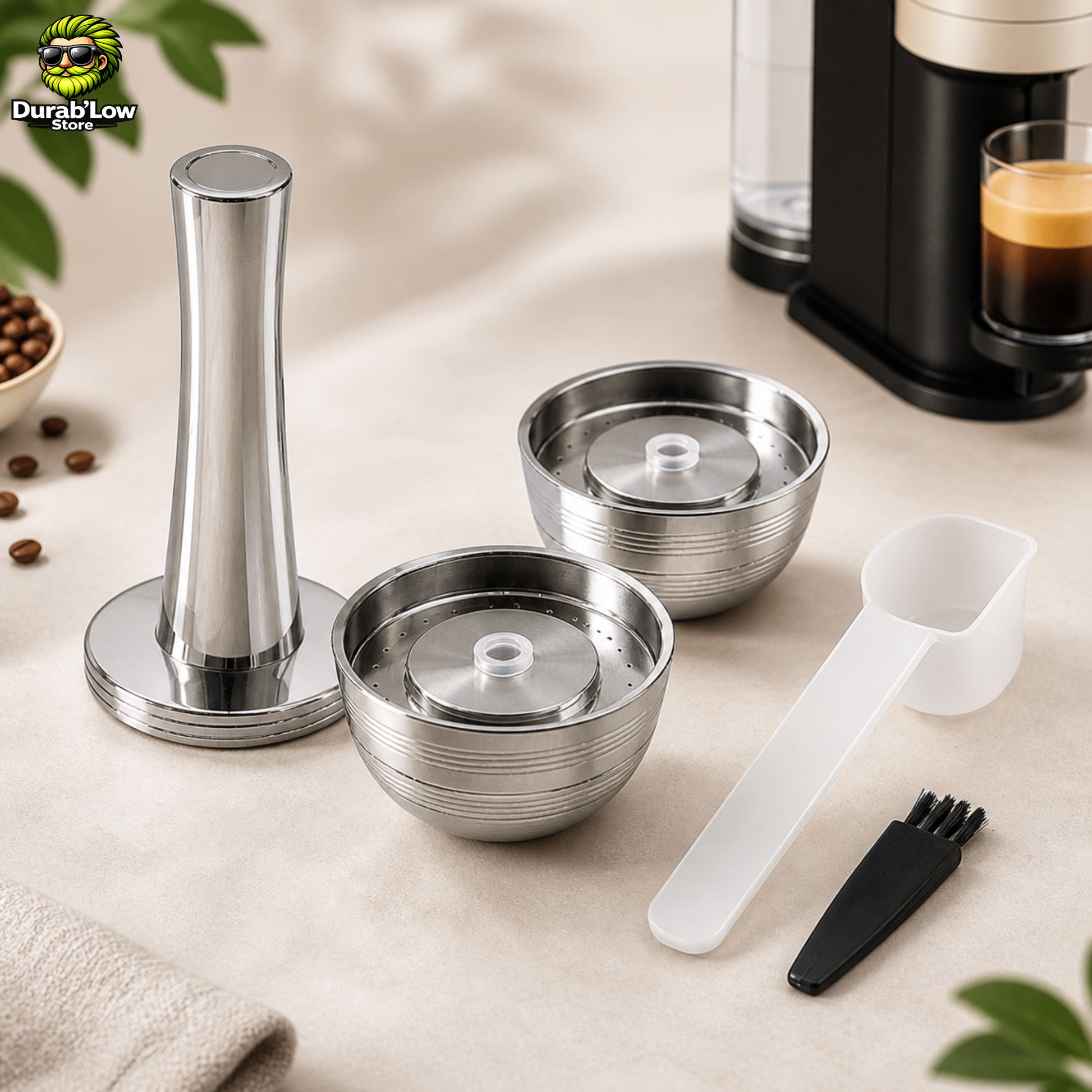 Un kit capsule réutilisable Vertuo Next et un tasseur. Une machine à café en fond.