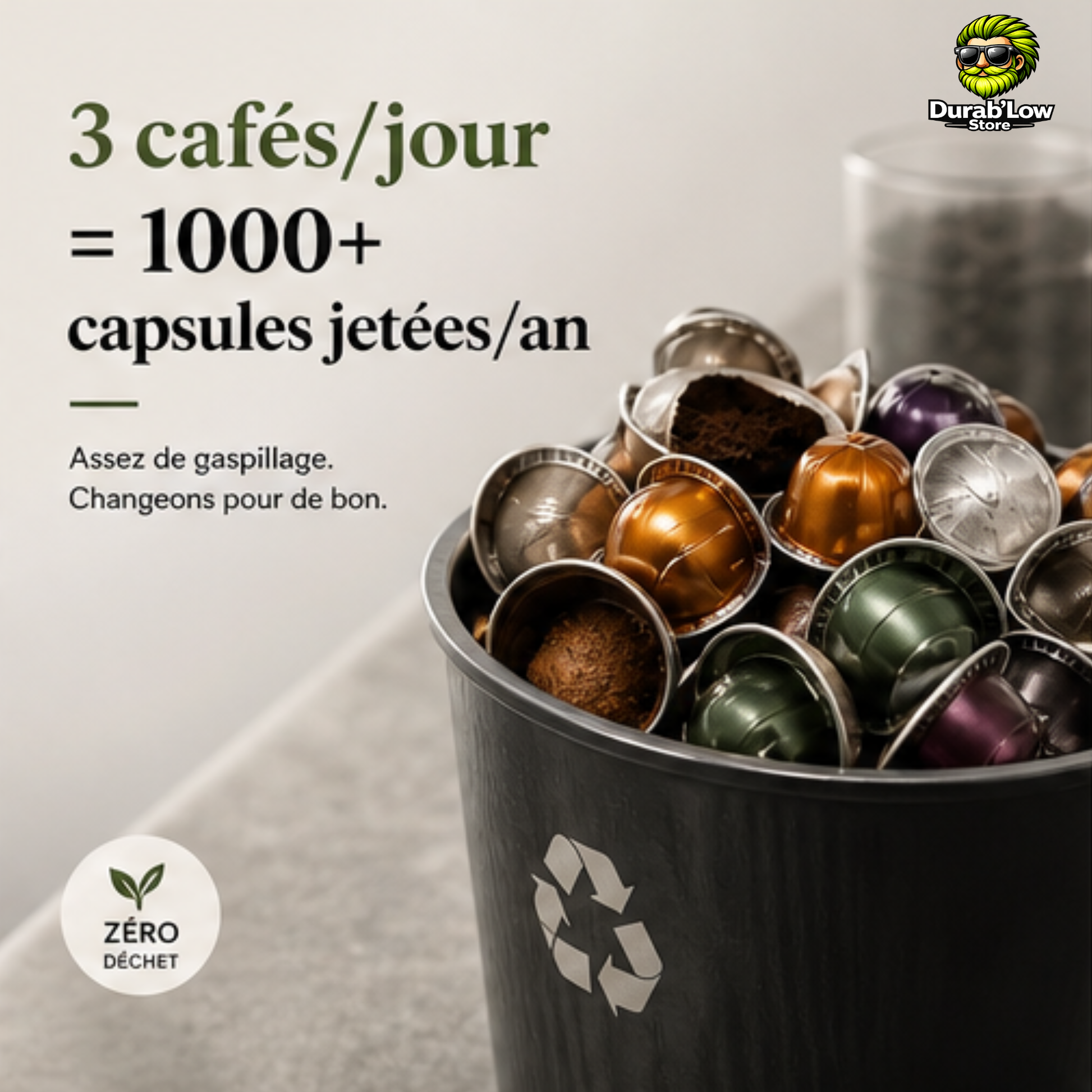 Une poubelle déborde de capsules jetables Nespresso Vertuo. 