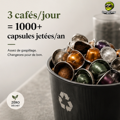 Une poubelle déborde de capsules jetables Nespresso Vertuo. 