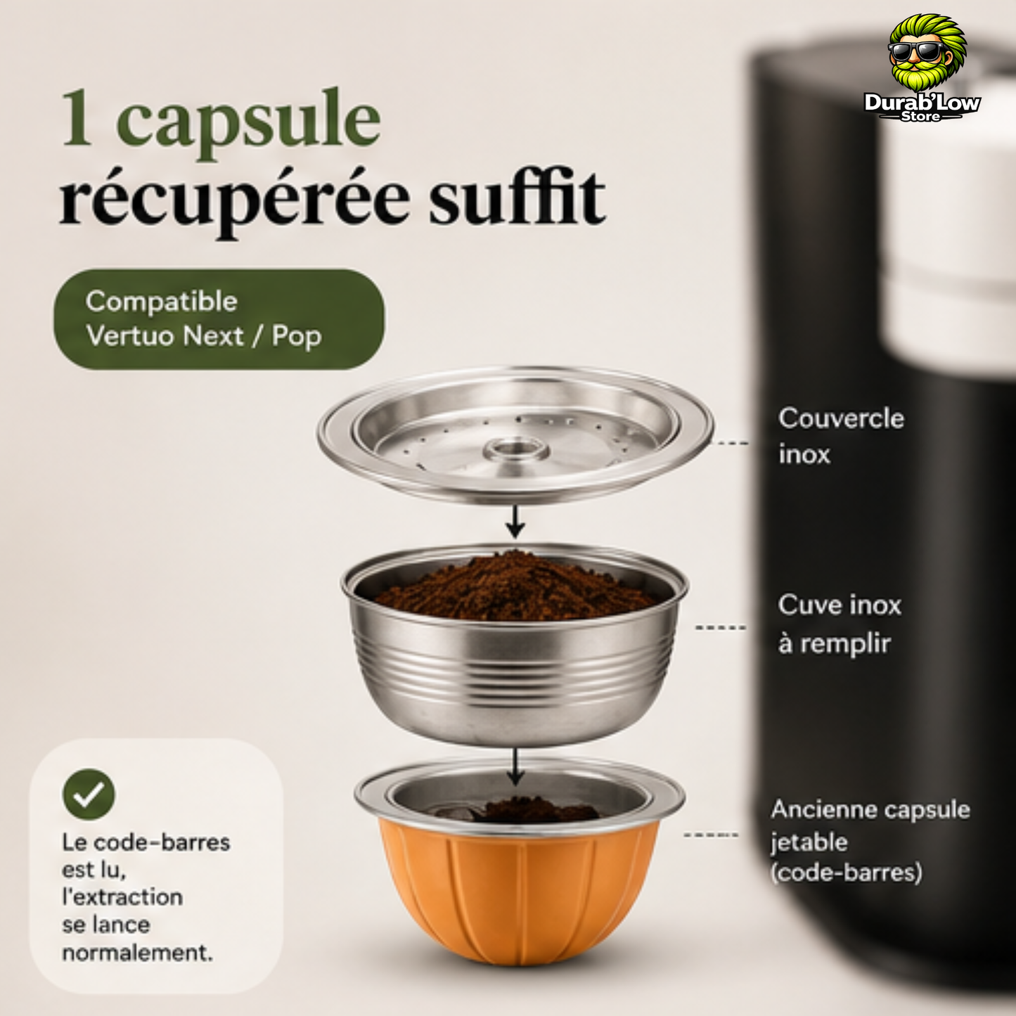 Présentation du système d'empilage du fond d'une capsule jetable puis une capsule réutilisable et son couvercle.