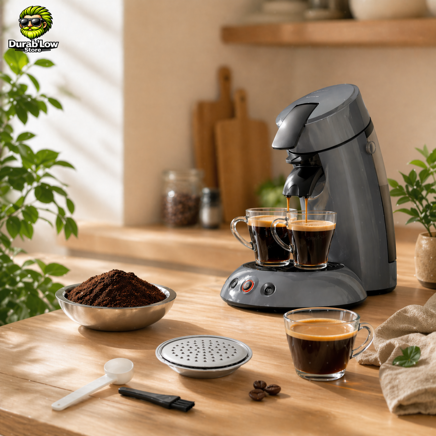 Capsule Café Senseo réutilisable sur plan de travail avec cafetière et tasses