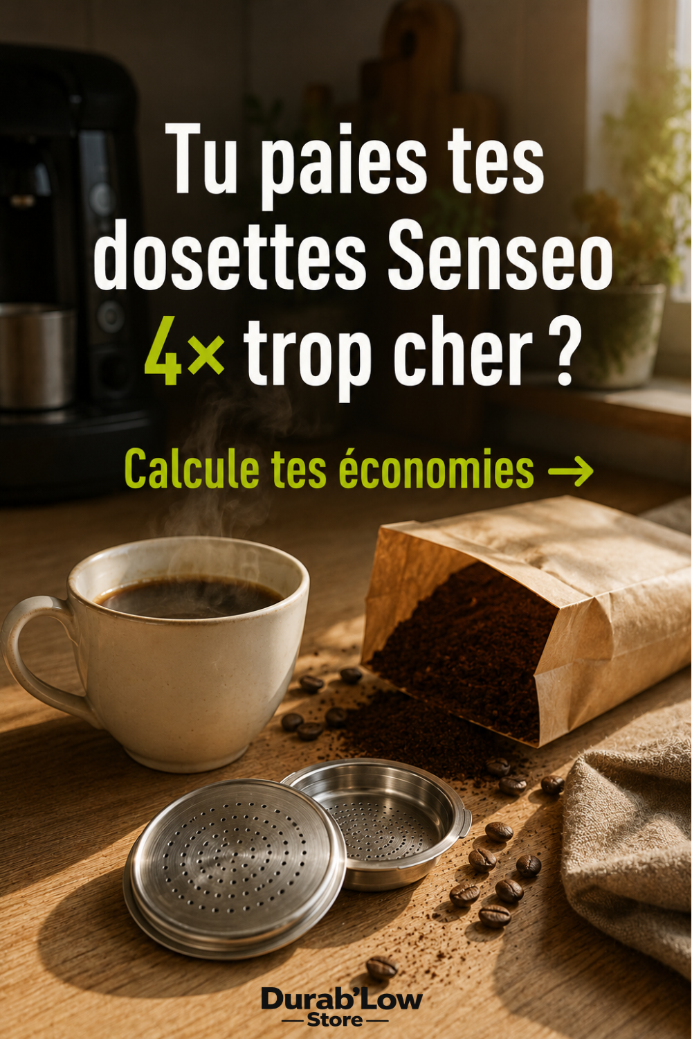 Une tasse à café fumante, un sachet de café moulu et une capsule Senséo réutilisable en inox.