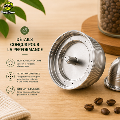 1 Capsule Nespresso Vertuo réutilisable. Des détails inscrits à gauche.