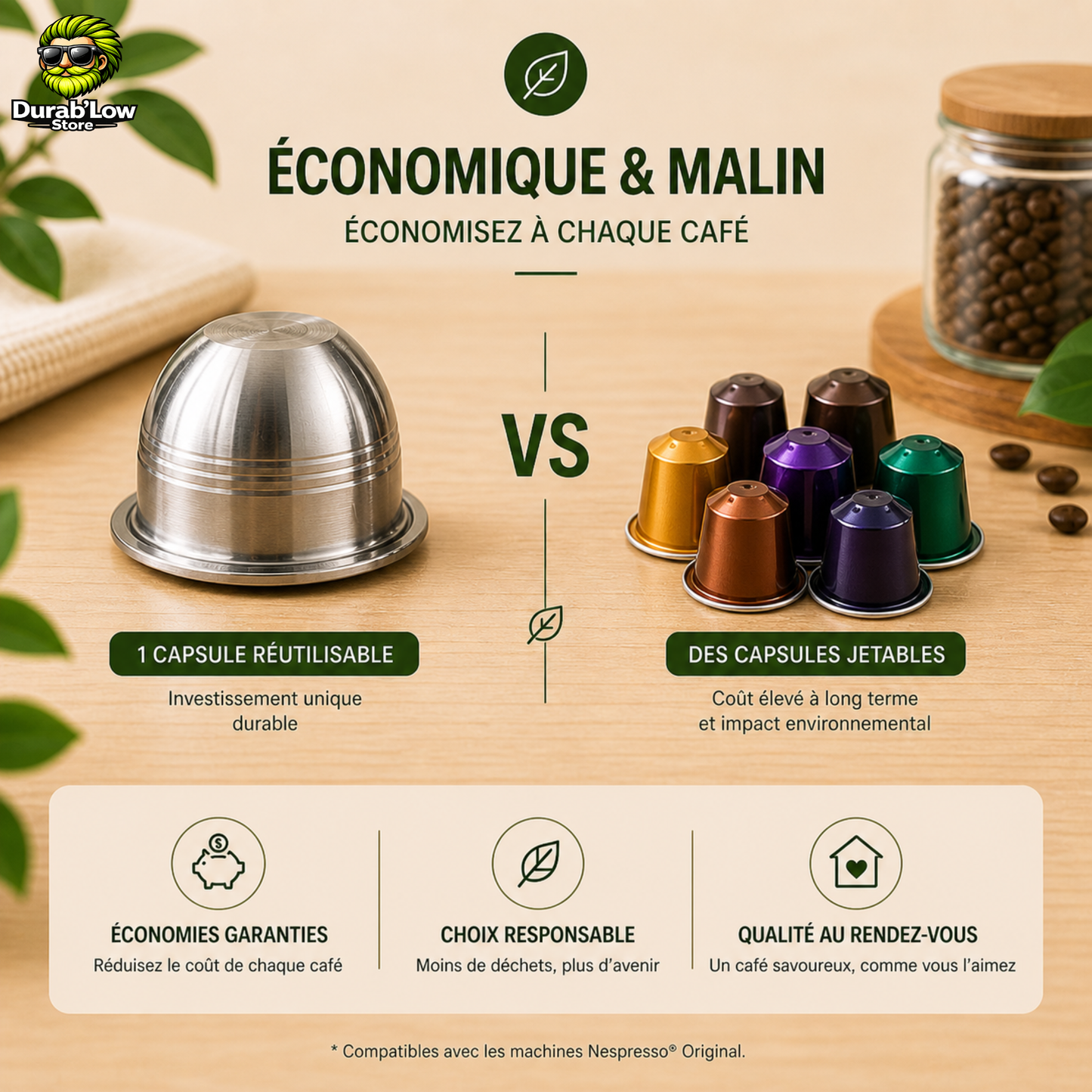 1 capsule Nespresso Vertuo à gauche, en comparaison à un tas de capsules jetables à droite.