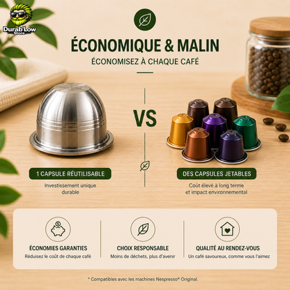 1 capsule Nespresso Vertuo à gauche, en comparaison à un tas de capsules jetables à droite.