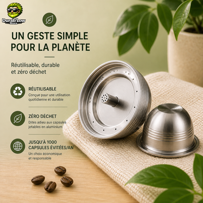 1 Capsule Nespresso Vertuo réutilisable. Des propriétés inscrites à gauche.