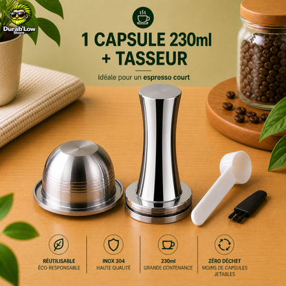 1 capsule réutilisable Nespresso Vertuo, un tasseur en inox, une cuillère et une brosse.