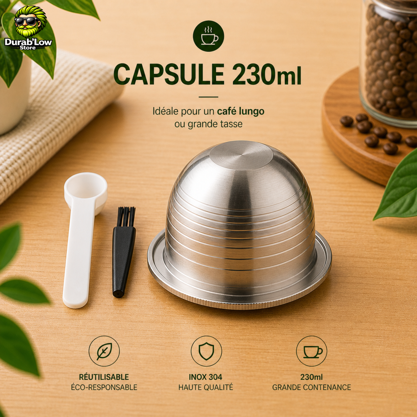 1 capsule réutilisable Nespresso Vertuo, une cuillère et une brosse.