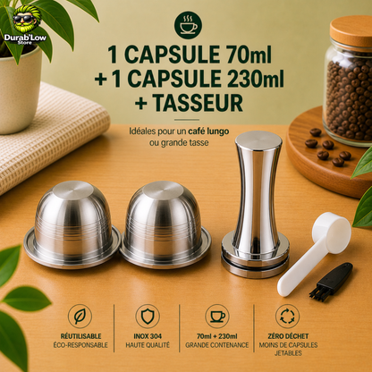 2 capsules réutilisable Nespresso Vertuo, un tasseur en inox, une cuillère et une brosse.