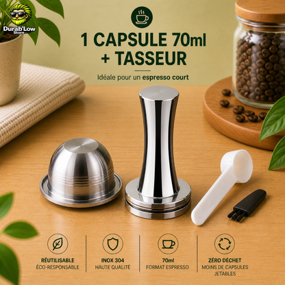 1 capsule réutilisable Nespresso Vertuo, un tasseur en inox, une cuillère et une brosse.