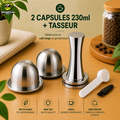 2 capsules réutilisable Nespresso Vertuo, un tasseur en inox, une cuillère et une brosse.