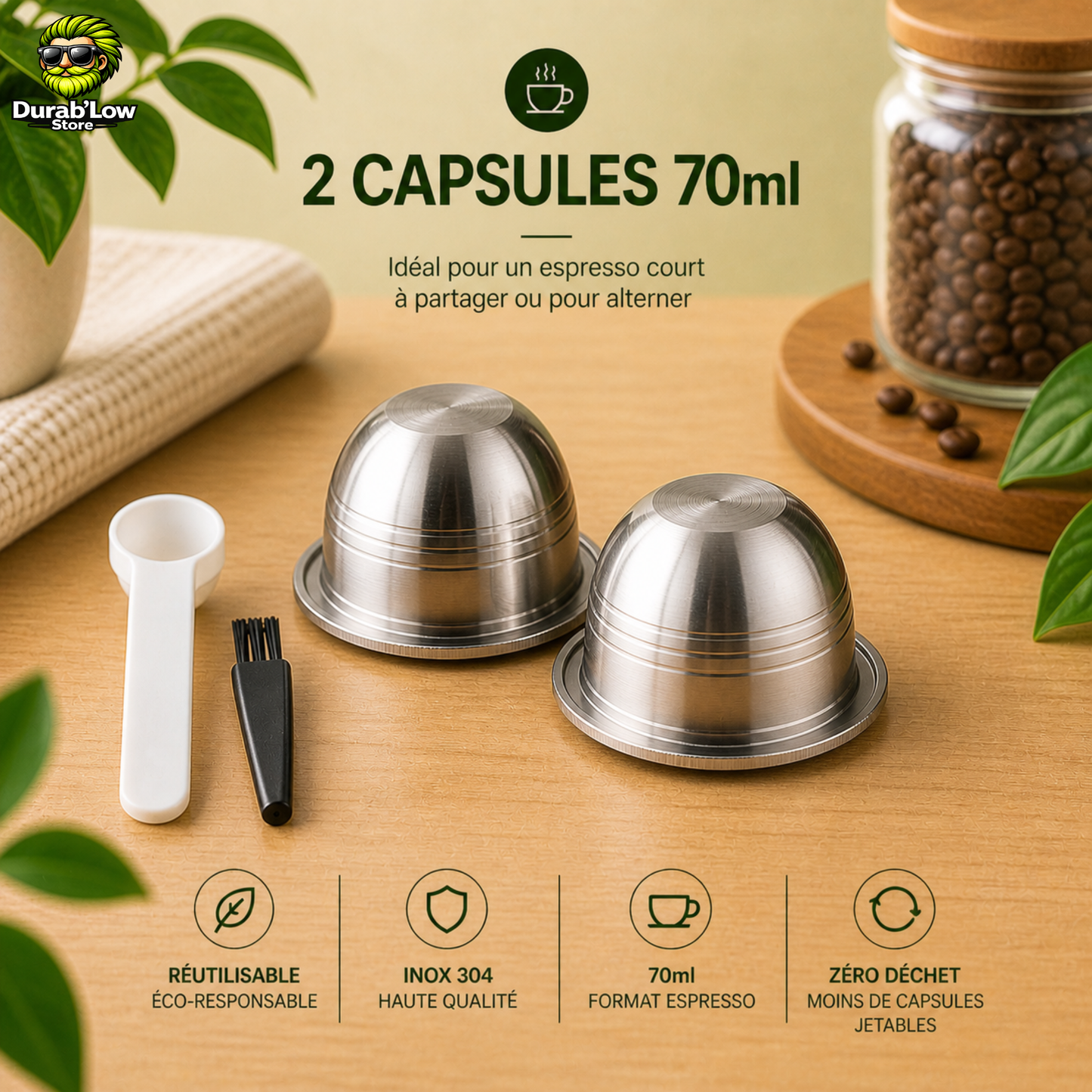 2 capsules réutilisable Nespresso Vertuo,  une cuillère et une brosse.