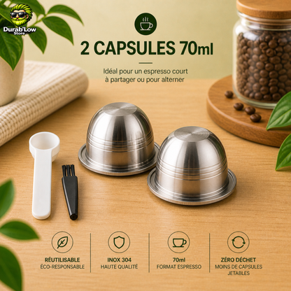 2 capsules réutilisable Nespresso Vertuo,  une cuillère et une brosse.