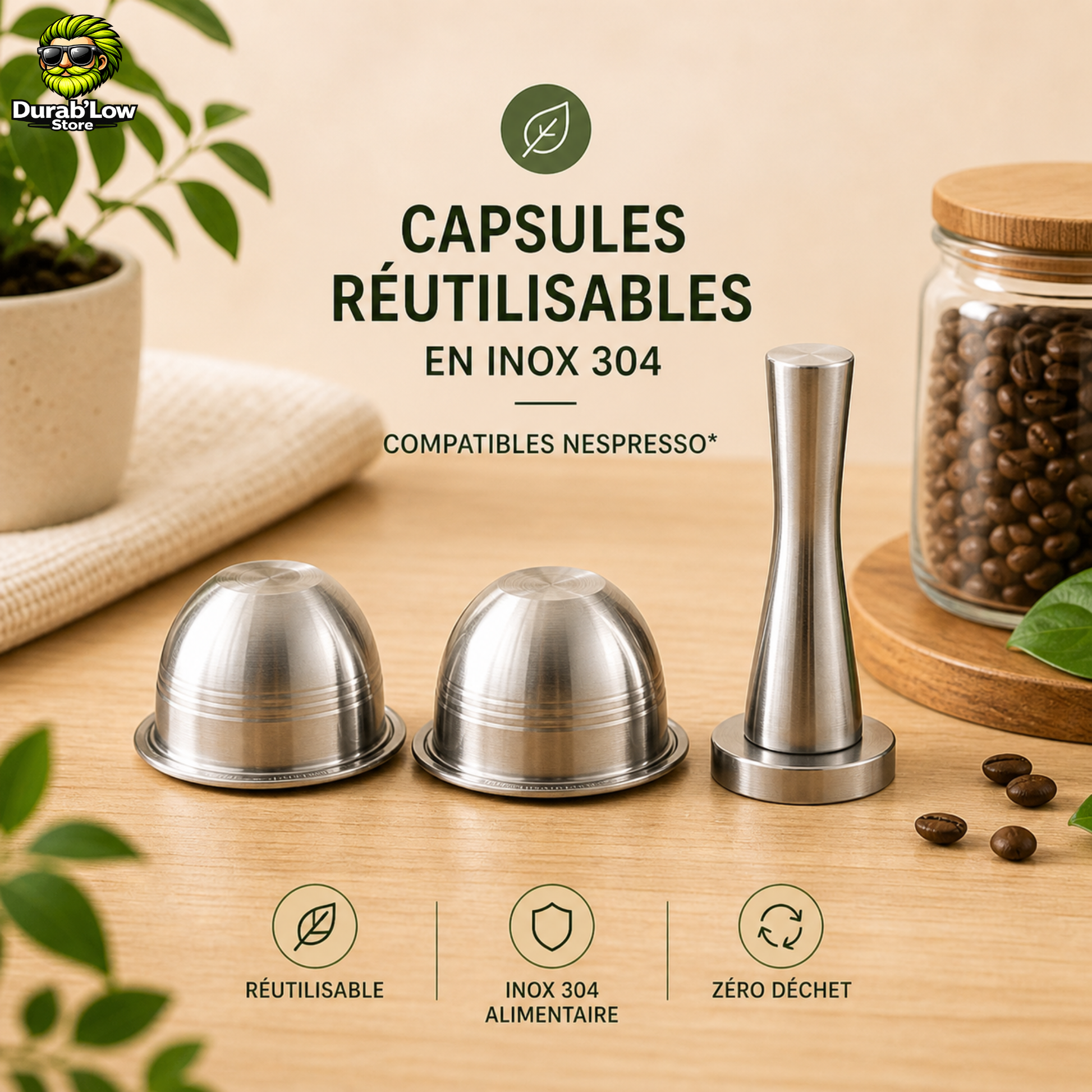 2 capsules réutilisables et un tasseur. Pot avec grains de café en fond.