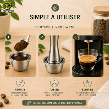Une capsule est remplie de café moulu. Le café est tassé dans la capsule. Le café coule dans une tasse.