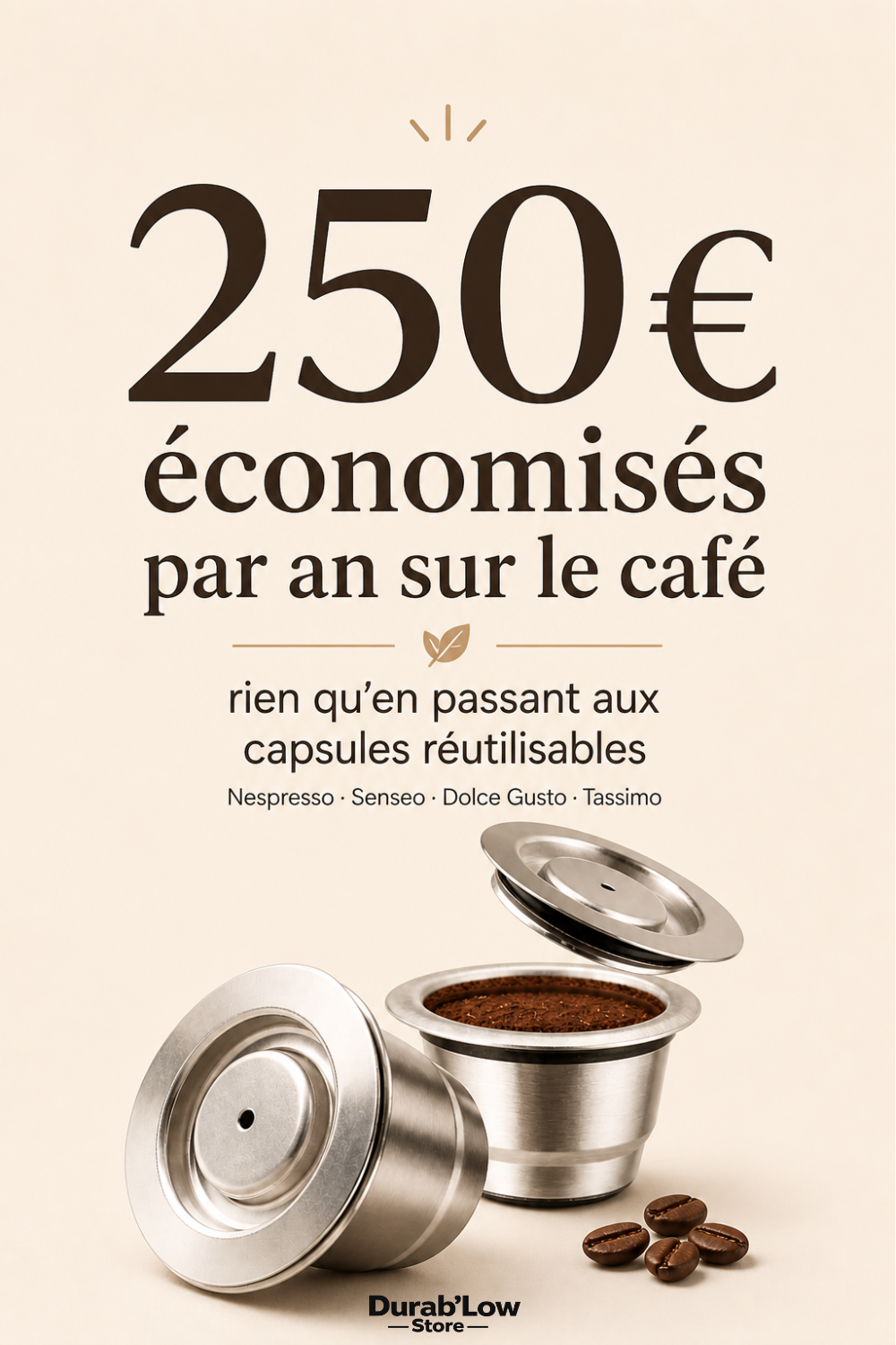 2 capsules nespresso réutilisables en inox. Quelques grains de café.