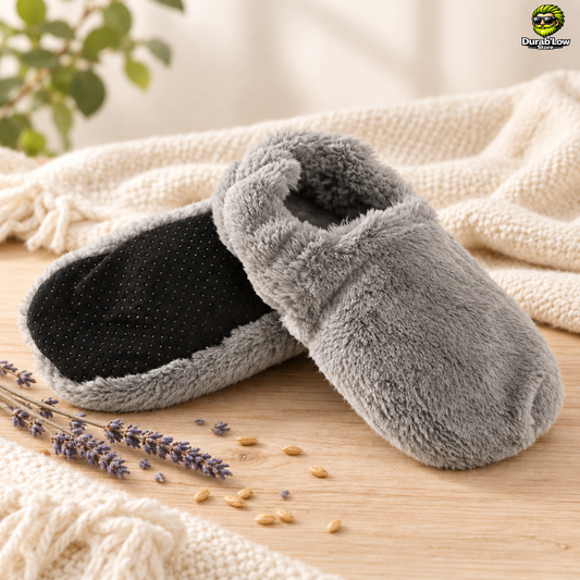 Une paire de chaussons chauffants gris avec des fleurs de lavande et quelques grains de blé.