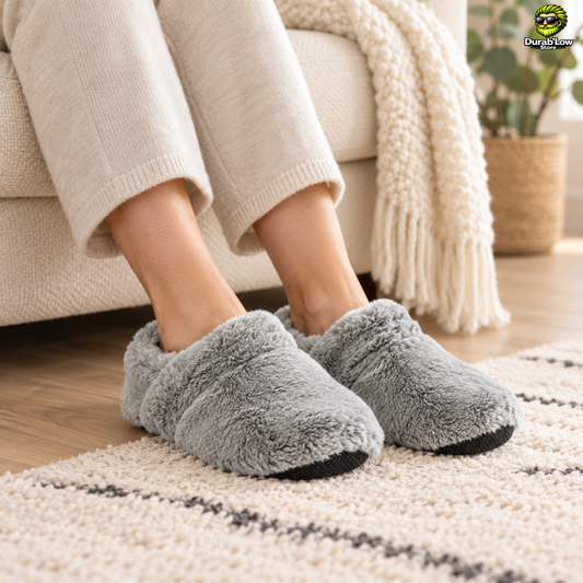 Une femme installée sur un canapé a enfilé des chaussons chauffants aux pieds.