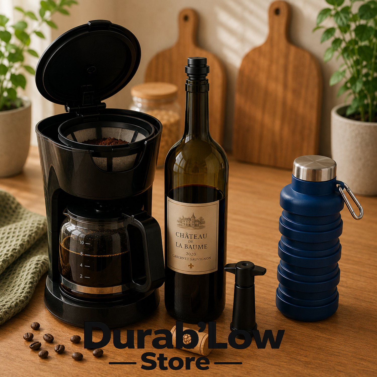 Un filtre à café réutilisable dans une cafetière, une bouteille de vin avec un bouchon vide-air et une gourde télescopique. Ambiance chaleureuse et végétalisée.