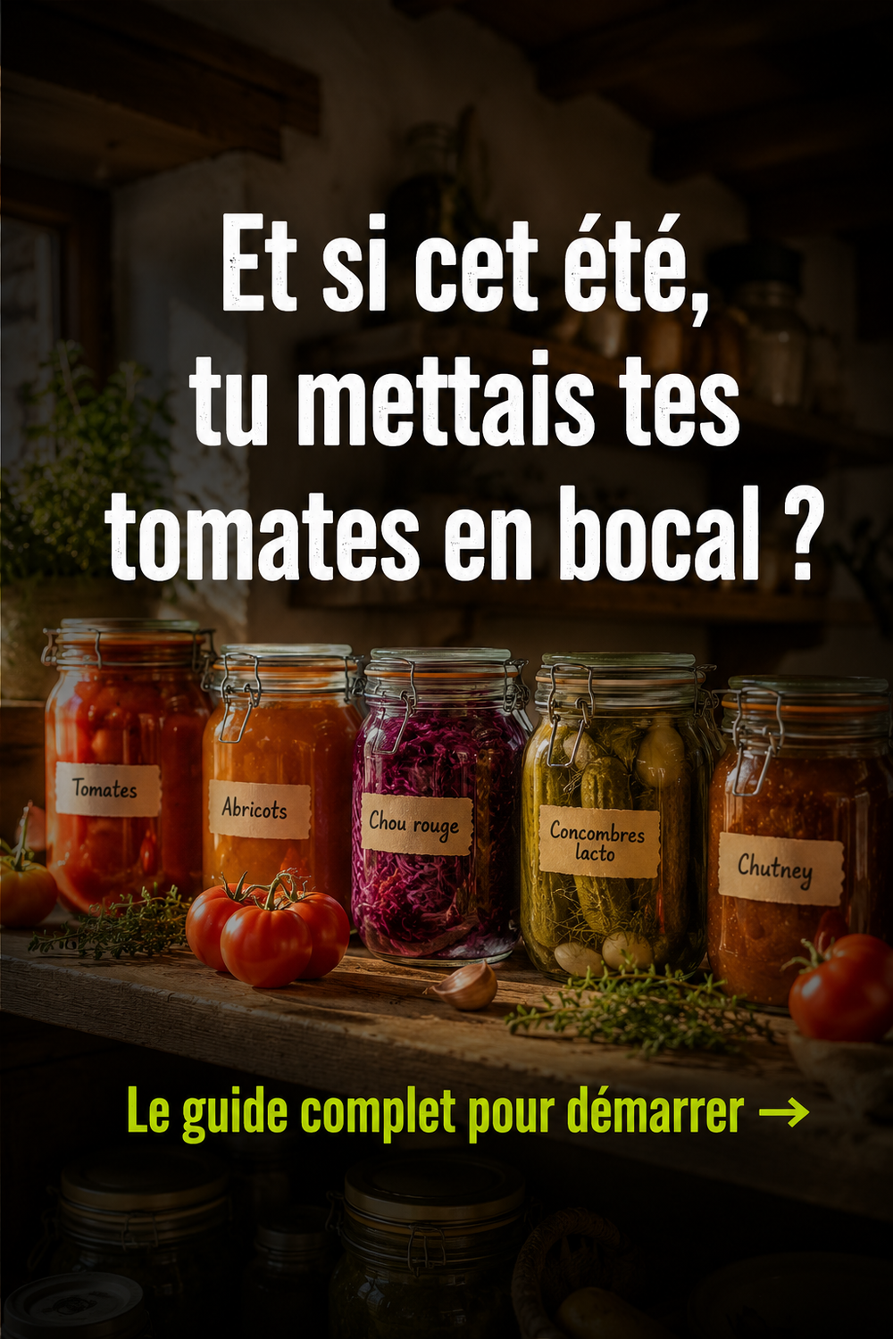 Des bocaux alignés sur un plan de travail rustique. Chacun contient une recette différente.
