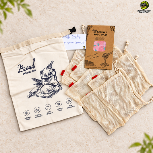 Contenu du coffret Emballage: un sac à pain en coton et cire d'abeille, cinq sac filet pour fruits & légumes et un lot de 3 beewrap au motif fraise.