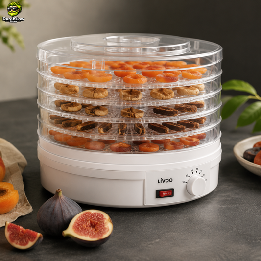 Un déshydrateur sur un plan de travail. Des fruits frais découpés sont à proximité, des tranches de fruits en cours de déshydratation sont disposés sur les plateaux du déshydrateur. 