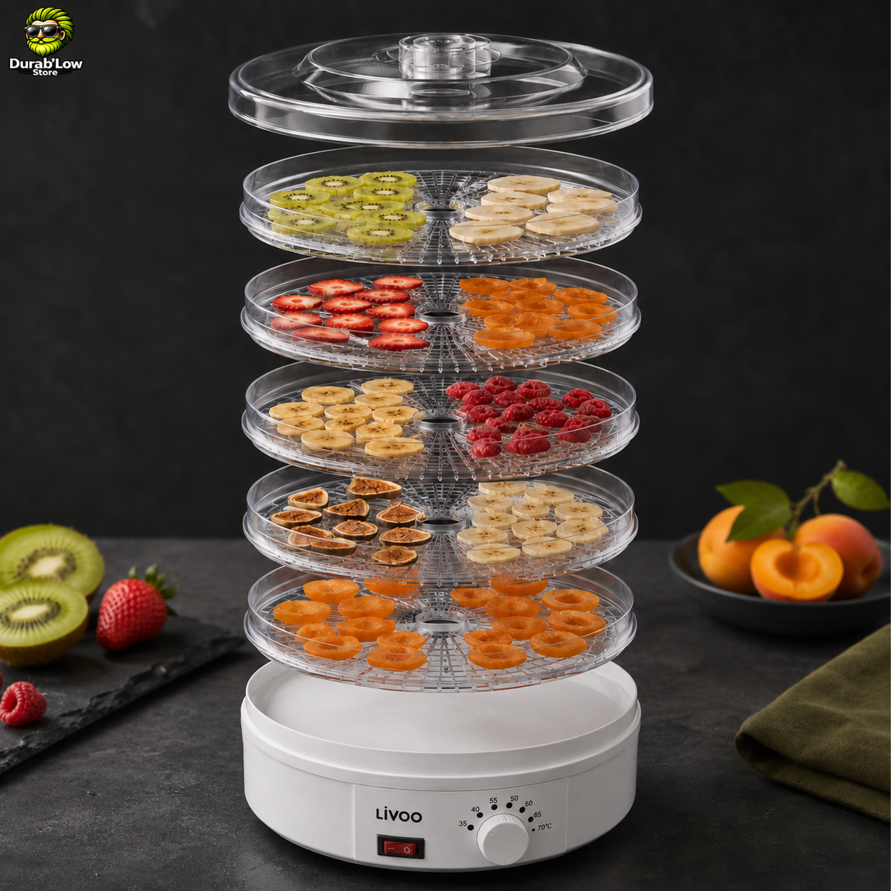 Vue éclatée du déshydrateur qui dispose de 5 plateaux. Des fruits en lamelles sont disposés sur les plateaux. Des fruits encore frais sont à proximité de la machine. 