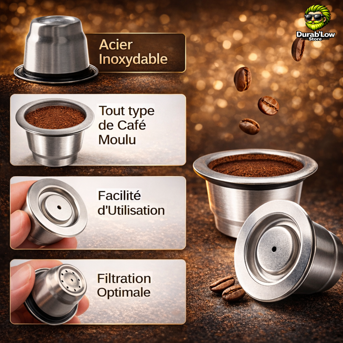 Détails et matériaux capsule café Nespresso réutilisable inox