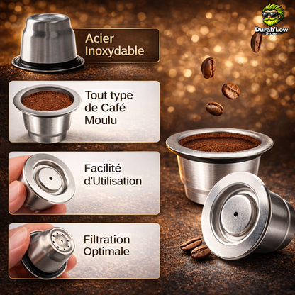 Détails et matériaux capsule café Nespresso réutilisable inox