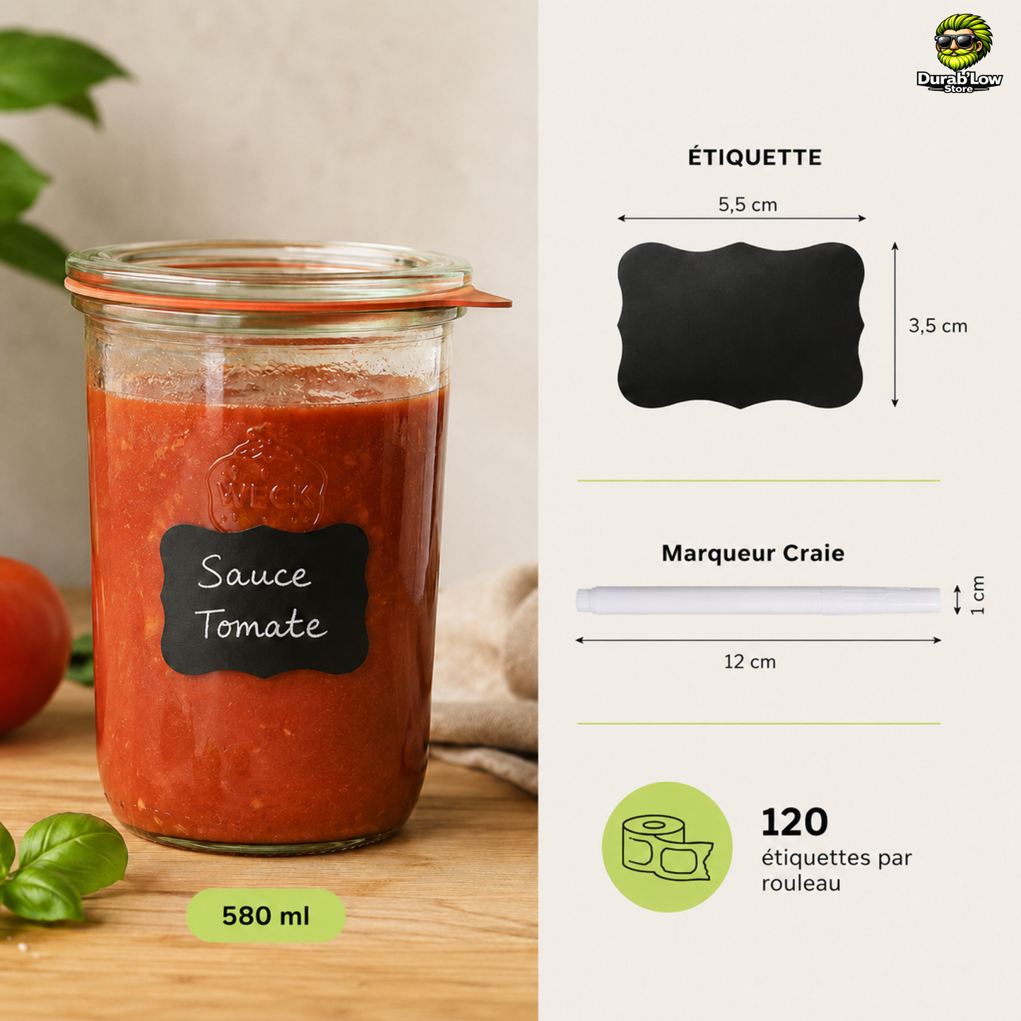 Un bocal Weck avec une étiquette ardoise marquée Sauce Tomate. LEs dimensions de l'étiquette et du marqueur sont reprsentées à droite.