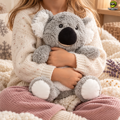 Bouillotte doudou en forme de Koala serrée dans les bras d'un enfant.