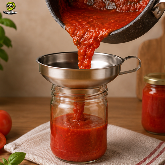 De la sauce tomate épaisse est versée dans un bocal à l'aide d'un entonnoir en inox à large goulot.