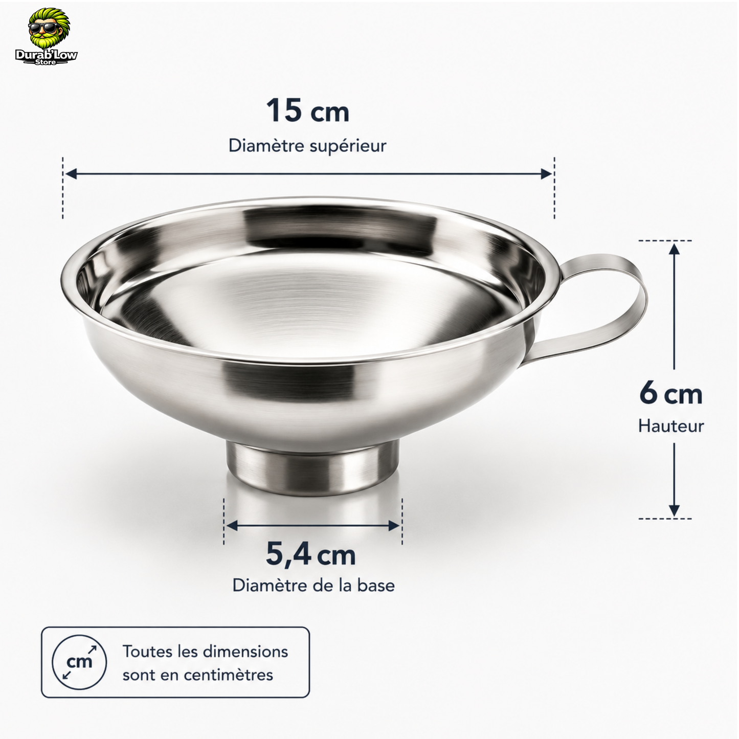 Entonnoir pour bocal en Inox, dimensions exactes en cm. 