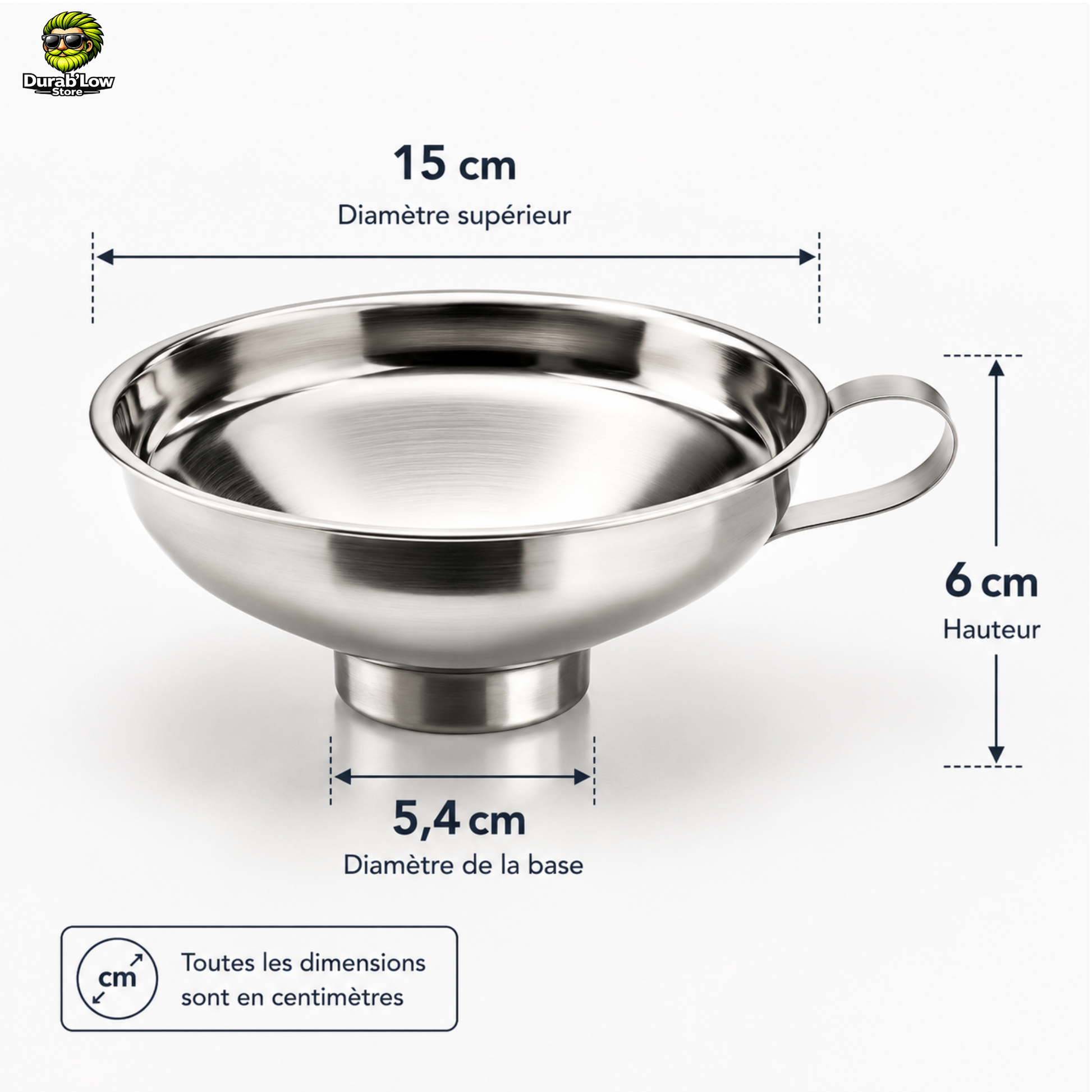 Entonnoir pour bocal en Inox, dimensions exactes en cm. 