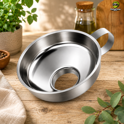 Entonnoir inox large goulot posé sur un plan de travail de cuisine en bois brut. Ambiance végétale.