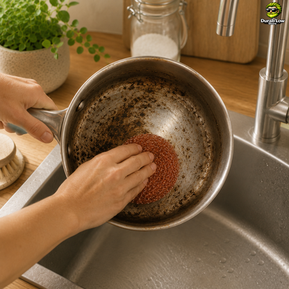 Eponge grattoire en cuivre utilisée pour nettoyer une casserole très sale.