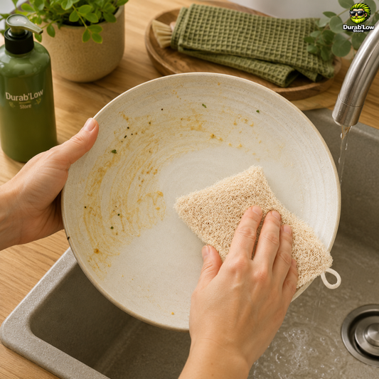Une éponge en loofa est utilisée pour nettoyer une assiette au-dessus d'un évier. 