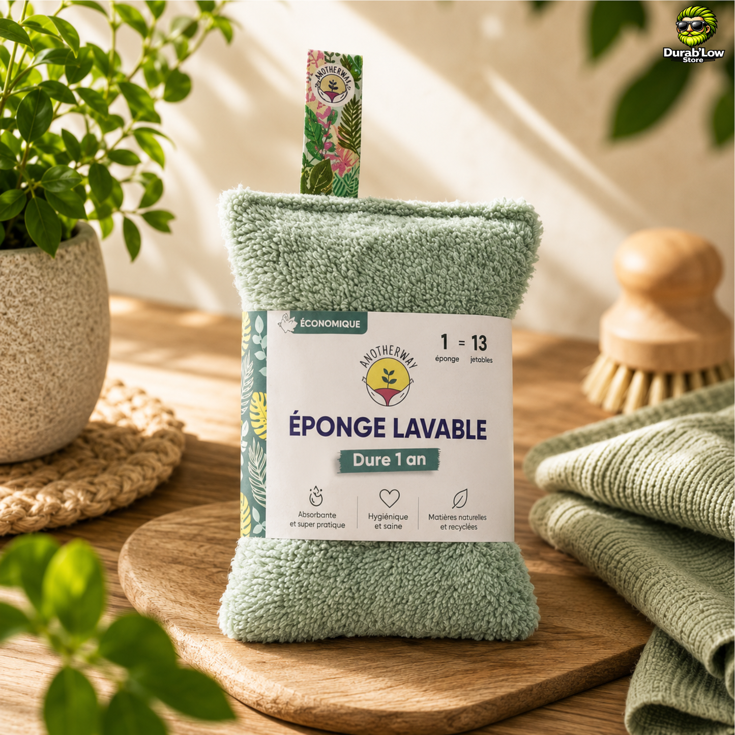 Eponge lavable et réutilisable Anotherway Verte en coton.