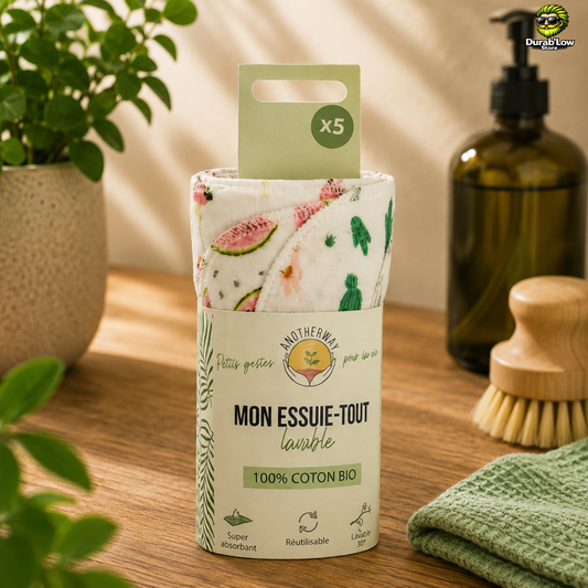 Lot de 5 essuie-tout lavable en coton emballés et disposé sur un plan de travail en bois brut, effet naturel.