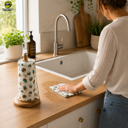 Un rouleau d'essuie-tout lavable en coton au motif Coco est posé sur un plan de travail à proximité de l'évier. Une femme utilise un essuie-tout réutilisable pour essuyer une éclaboussure.